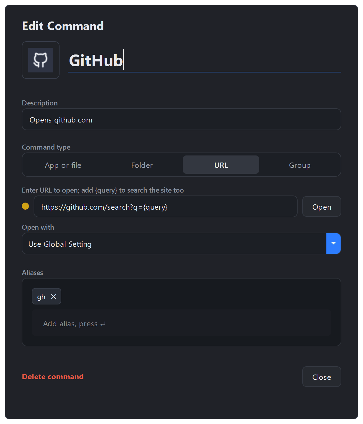 The GitHub command open in the editor, where a second alias is typed and added as a chip