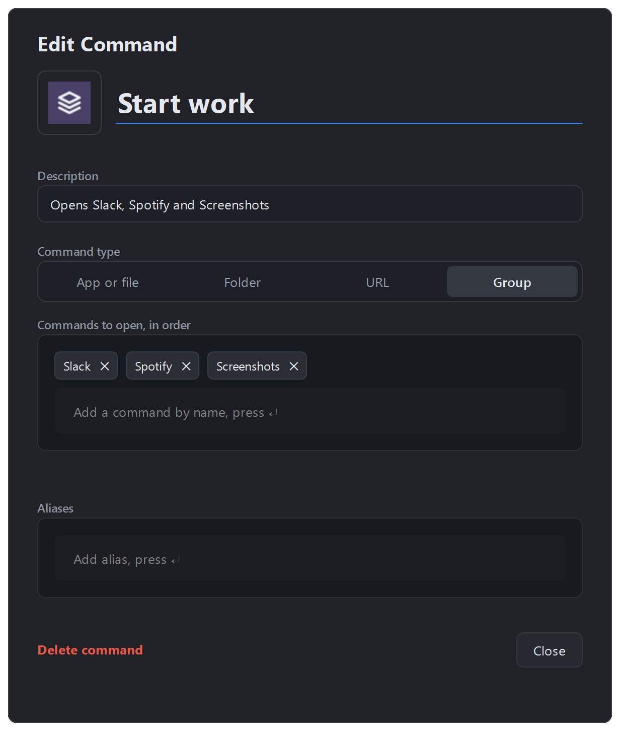 The Start work group open in the editor, where Steam is typed and added to the commands it opens
