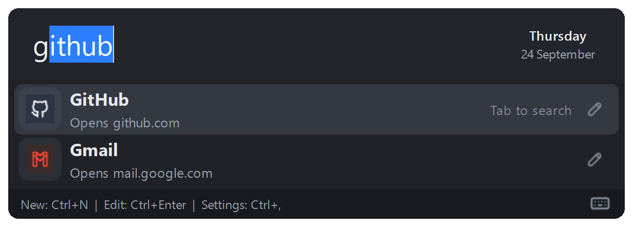 Typing gh finds GitHub; a space turns the row into Search GitHub, and typing dash makes it Search GitHub for dash